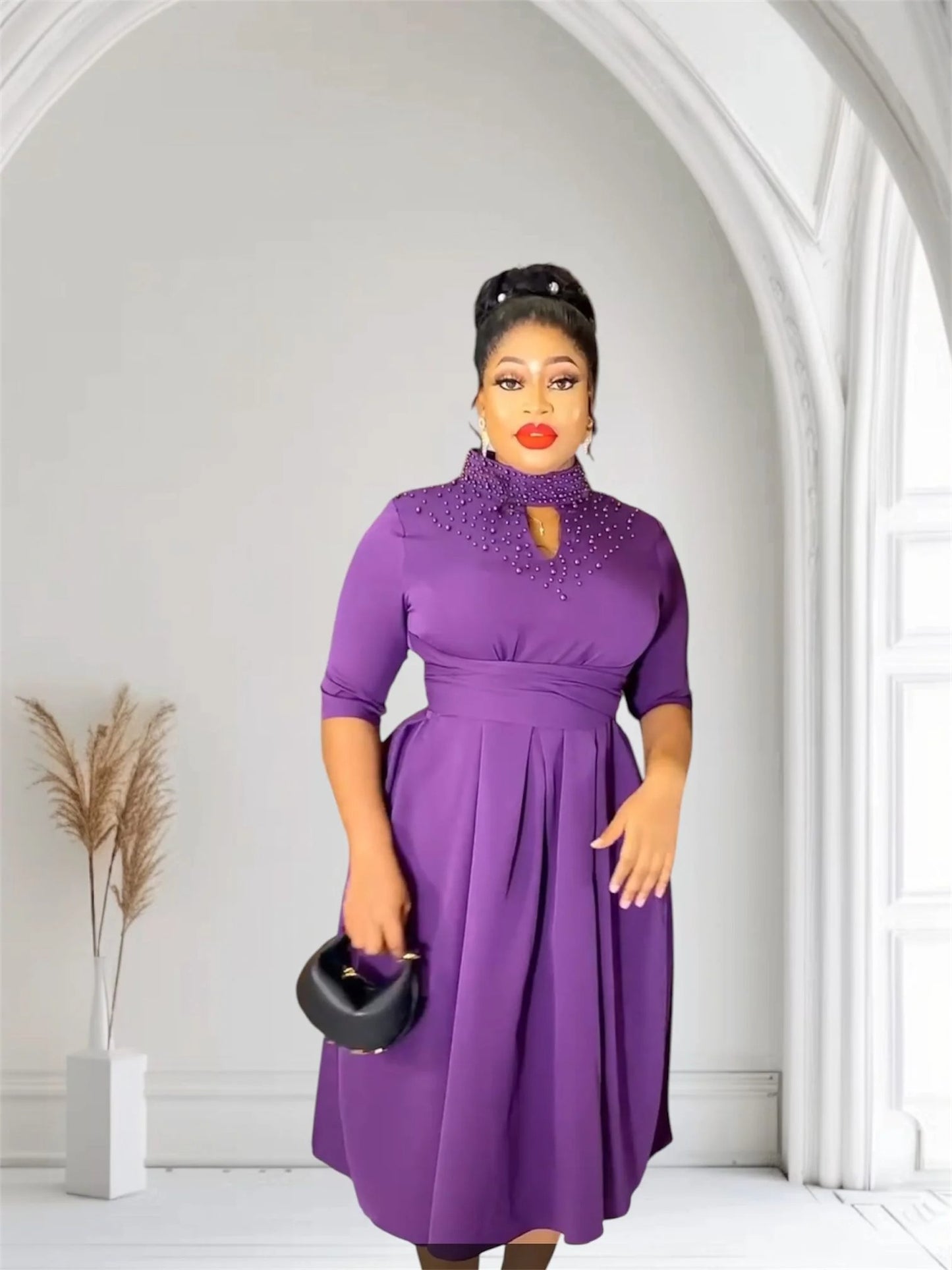 Purple Classy Dress With Infused Neck Beads