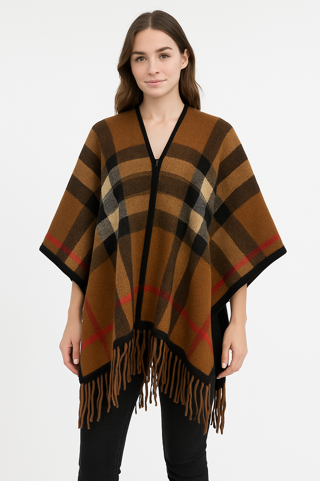 Cozy Checkered V-Neck Poncho with Fringe Hem