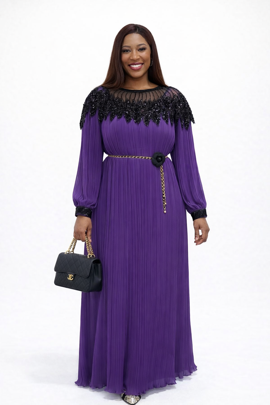 Elegant Purple & Black Pleated Maxi Dress – Luxe Occasion Wear