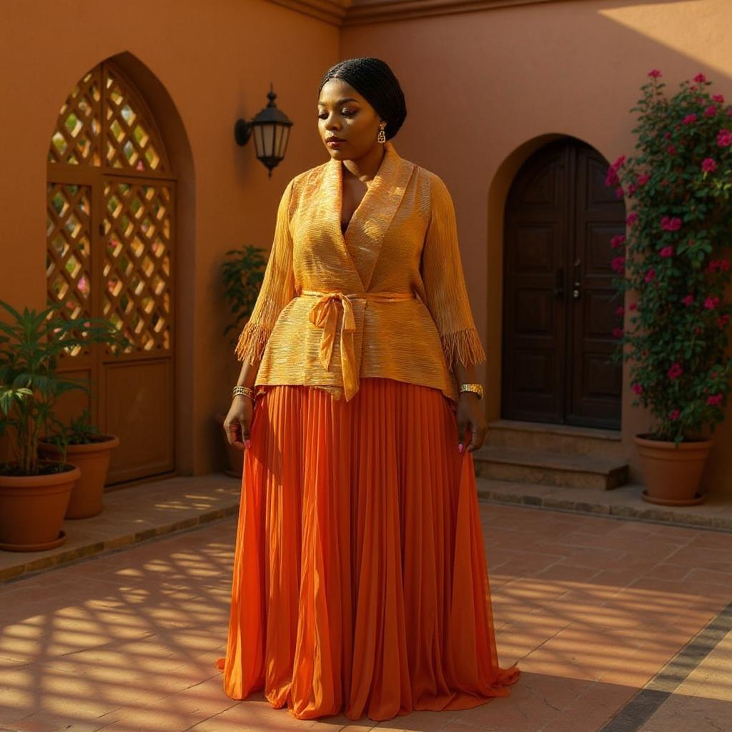Elegant Orange Pleated Two-Piece Set with Fringe Cape Top