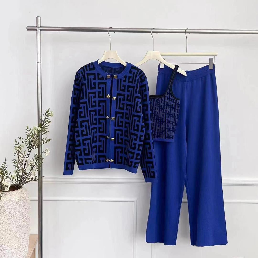 Luxury Geometric Knit Three-Piece Set (Cardigan + Top + Wide-Leg Pants)