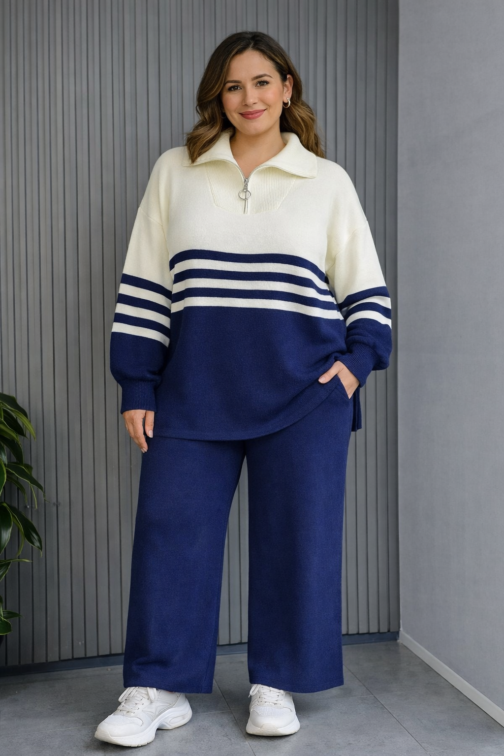 Blue Luxe Knit Two-Piece Lounge Set – Half-Zip Sweater & Wide-Leg Pants