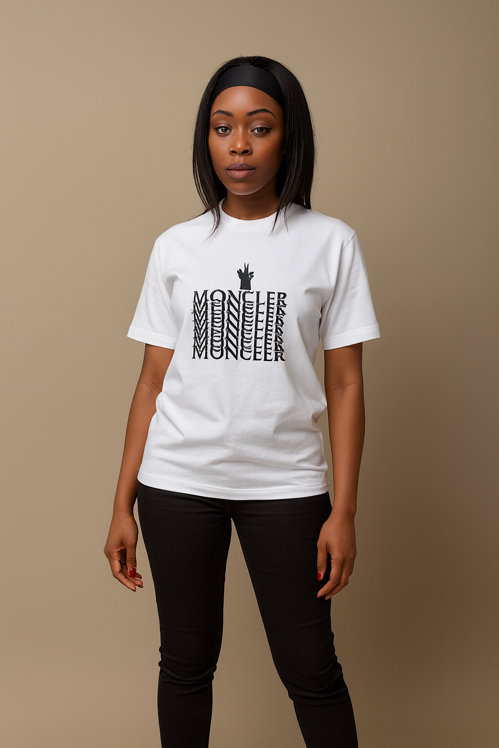 “Moncler-Style Graphic Stack” Tee (White)
Description: