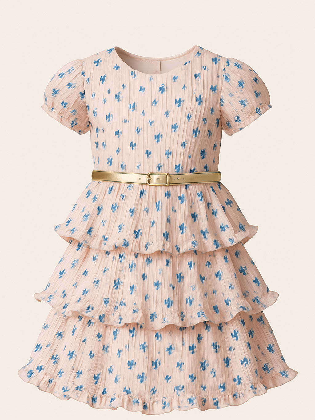 Kids’ Lace Floral Pleated Dress – Short Sleeve with Blue Belt