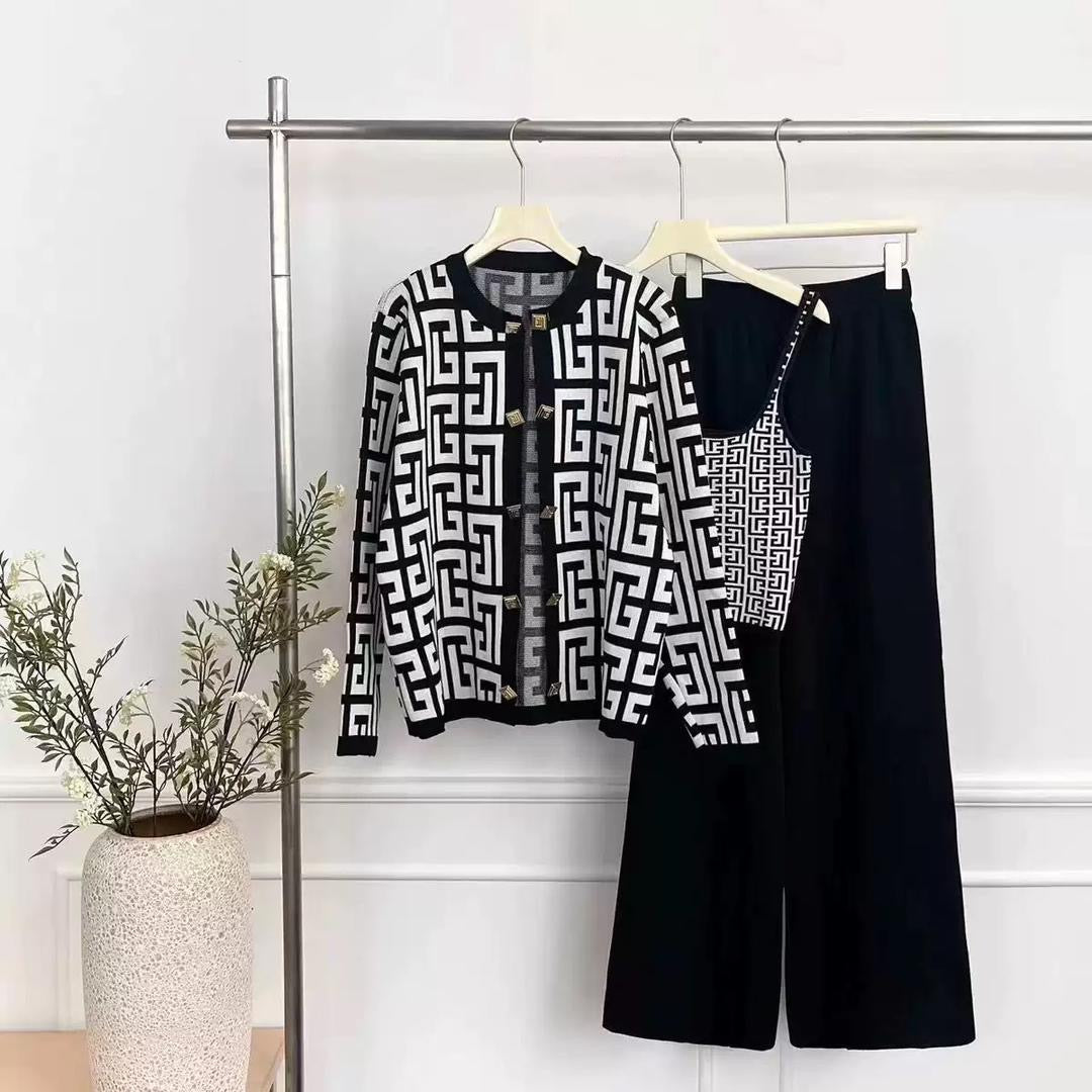Luxury Geometric Knit Three-Piece Set (Cardigan + Top + Wide-Leg Pants)