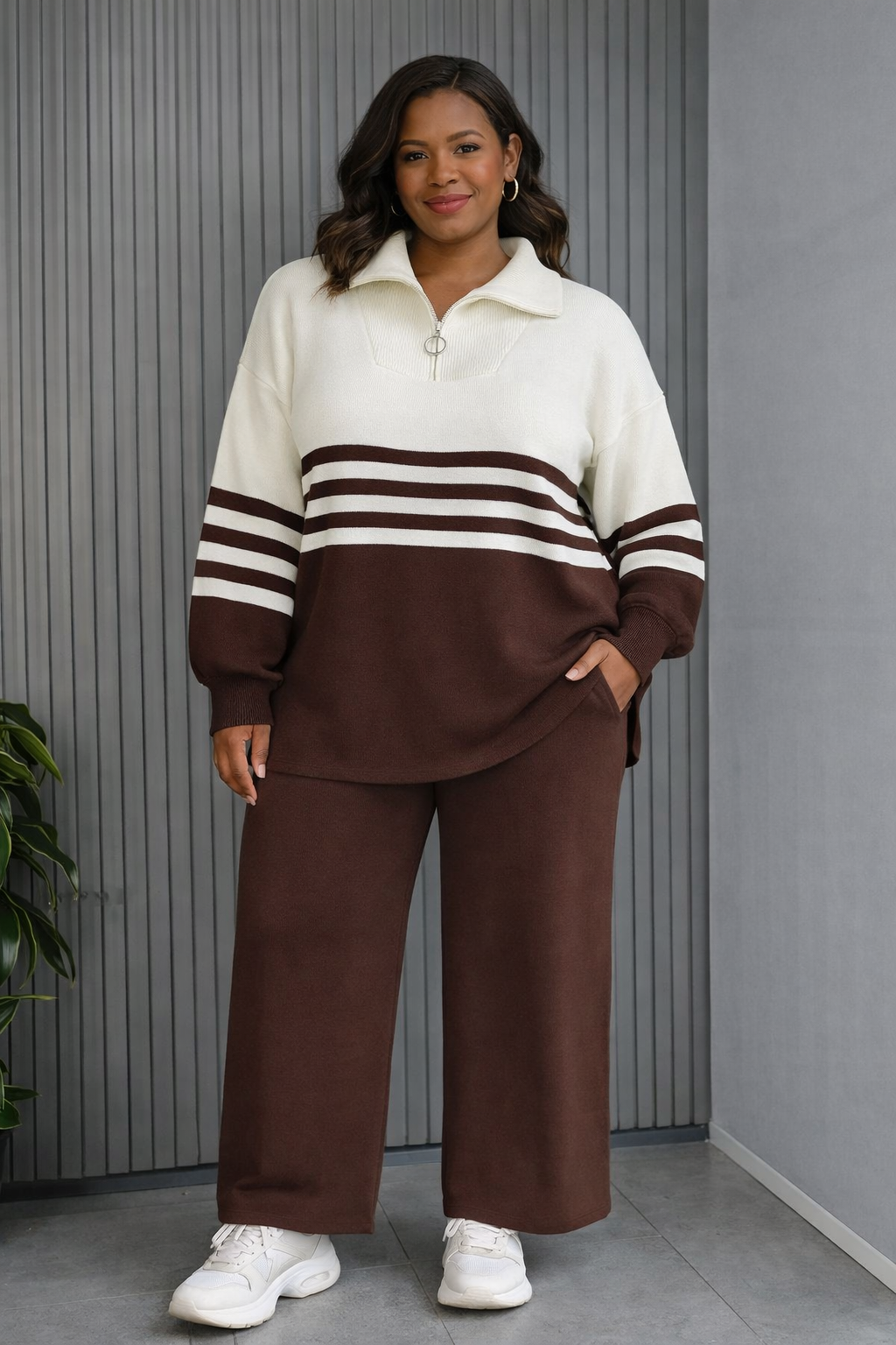 Brown Luxe Knit Two-Piece Lounge Set – Half-Zip Sweater & Wide-Leg Pants