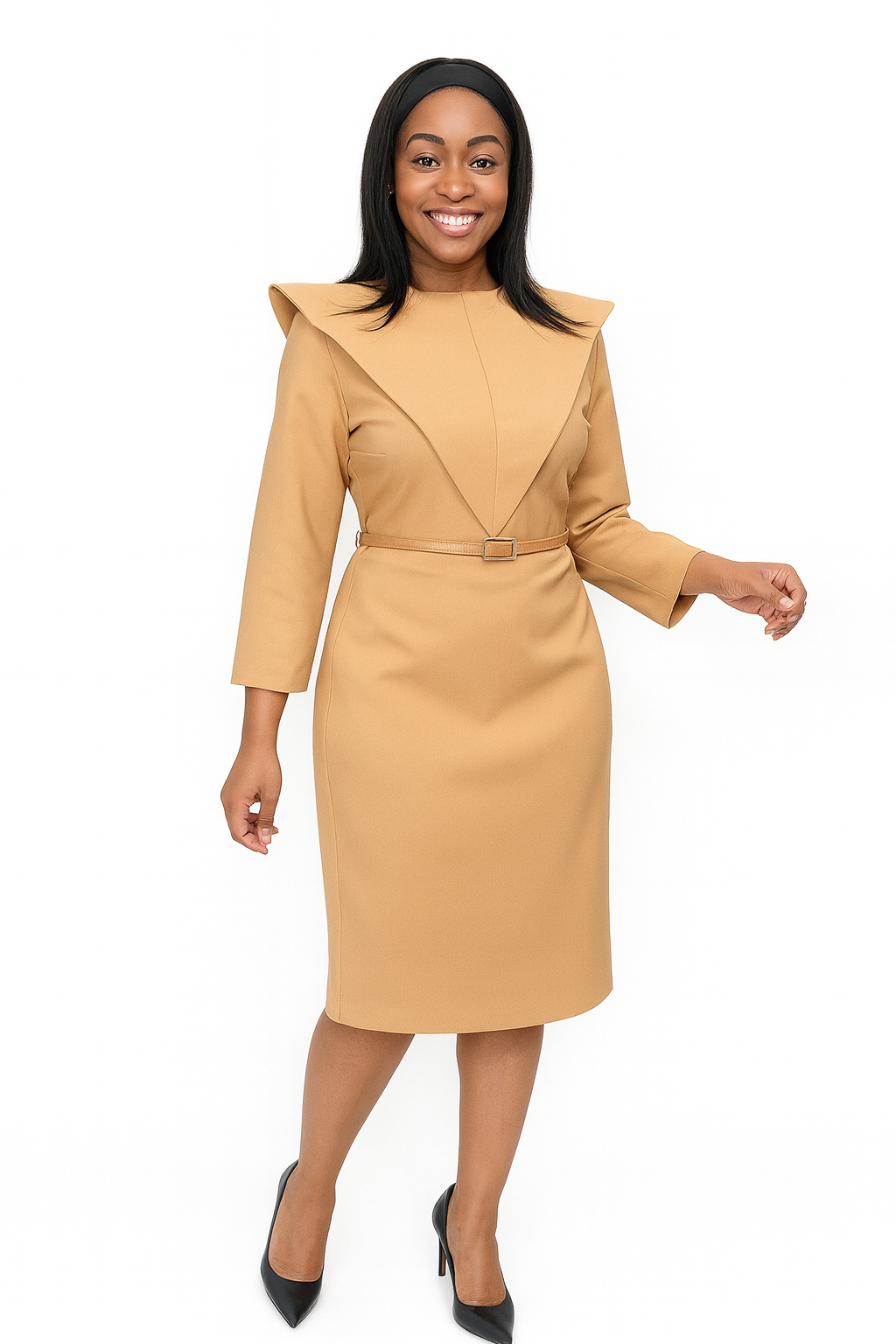 Premium Brown Colour Cape-Collar Midi Dress