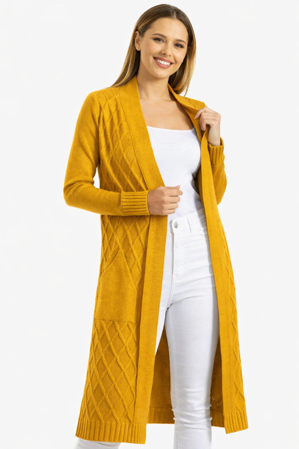 Open Front Kimono Mustard Cardigan With Pockets