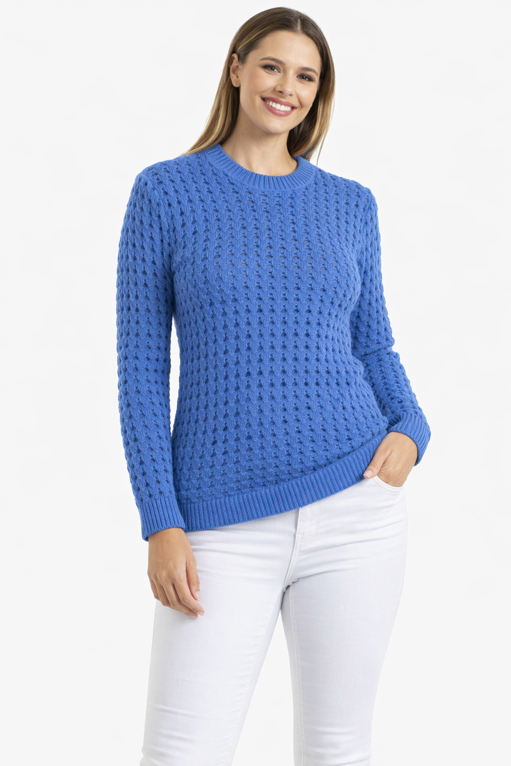 Ladies Mesh Blue Perforated Sweater
