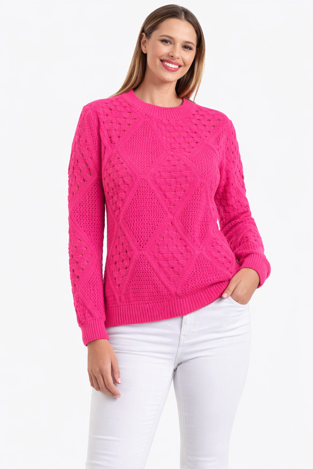Ladies Mesh Design Pink Perforated Sweater
