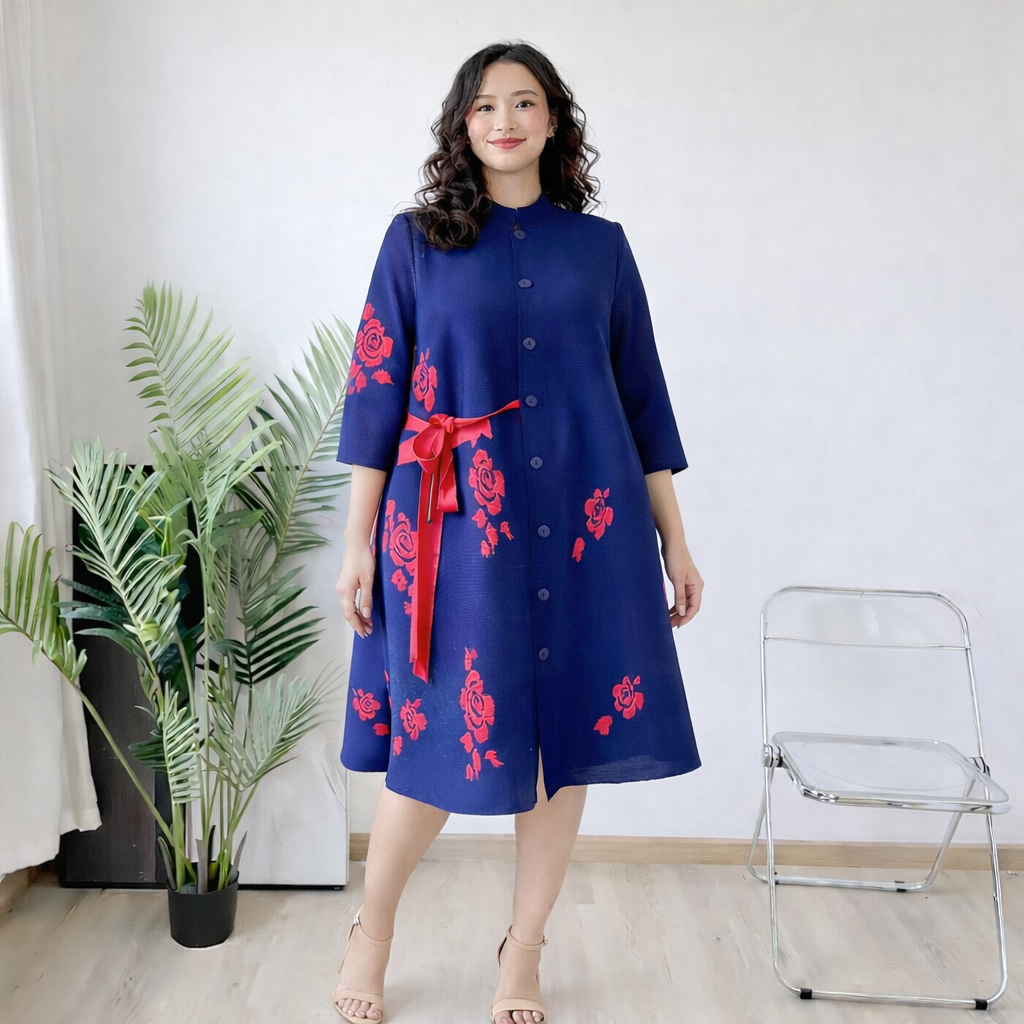 One Size Blue Pleated Miyaki Dress - Stretchy Fabric
