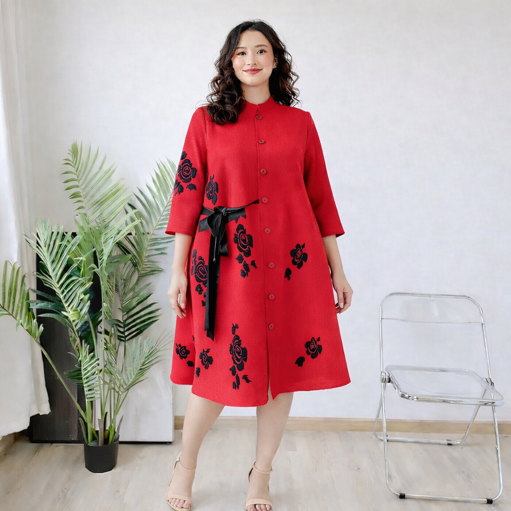 One Size Red Pleated Miyaki Dress - Stretchy Fabric