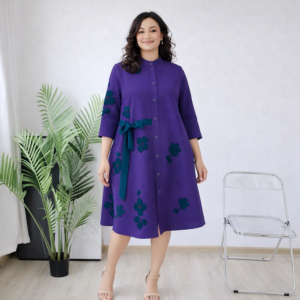 One Size Purple Pleated Miyaki Dress - Stretchy Fabric