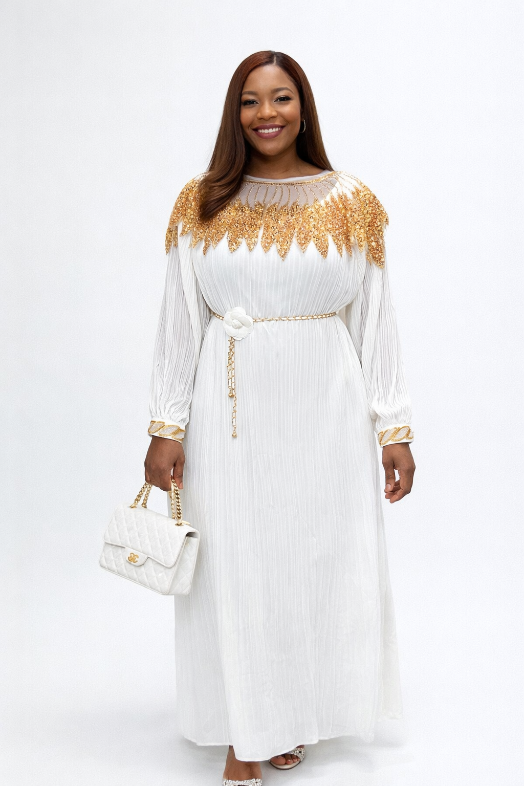 Elegant White & Gold Pleated Maxi Dress – Luxe Occasion Wear