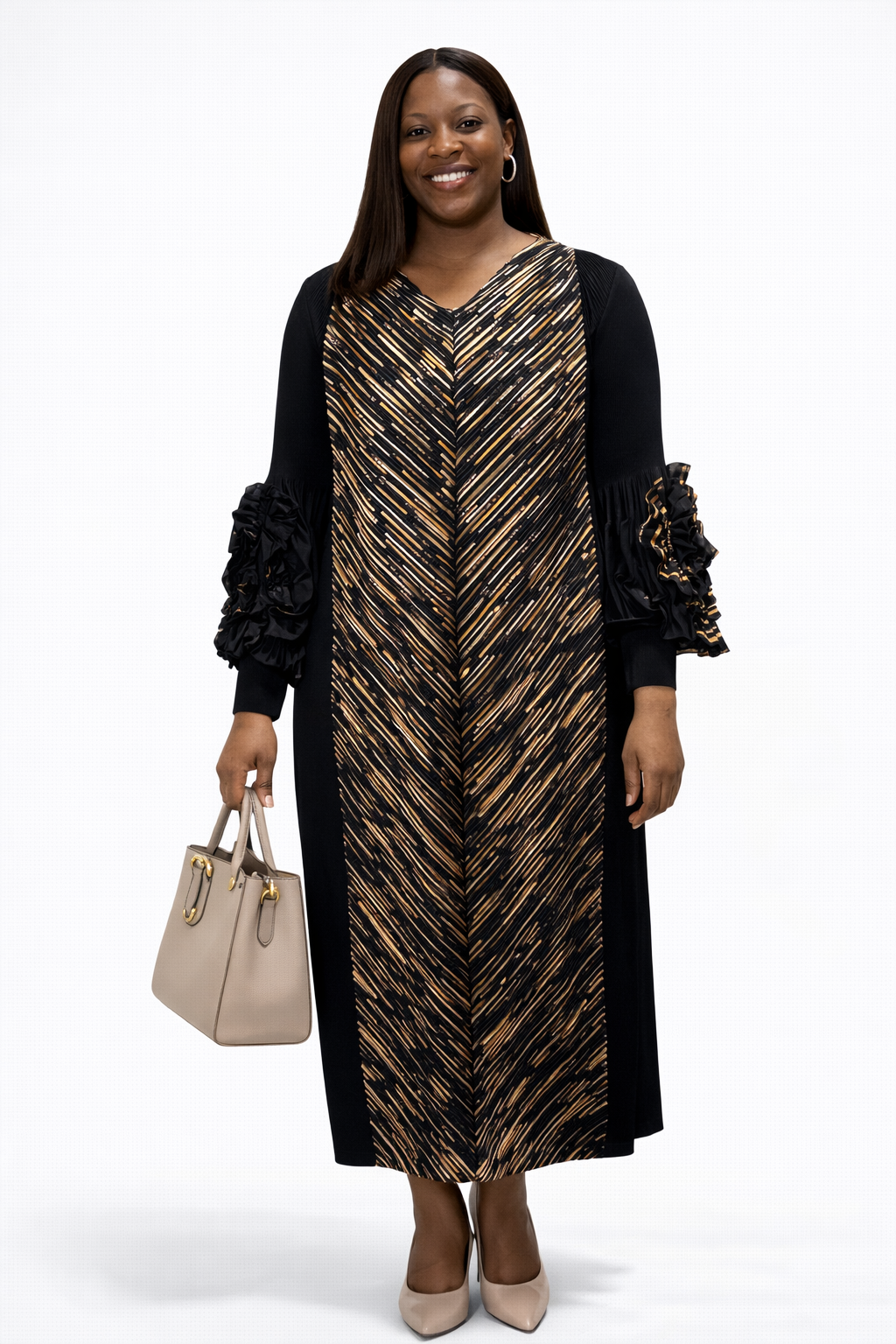 One Size Black & Gold Mix Pleated Miyaki Dress - Stretchy Fabric