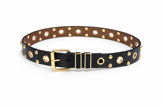 Luxe Studded Statement Belt – Black & Gold