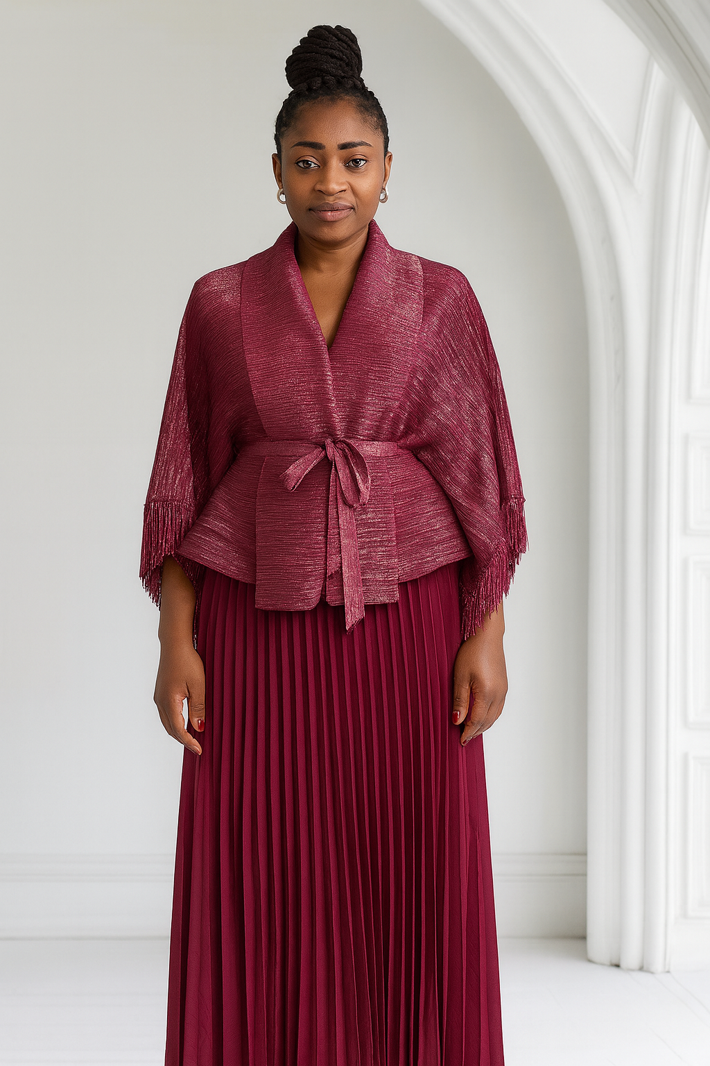 Elegant Burgundy Pleated Two-Piece Set with Fringe Cape Top