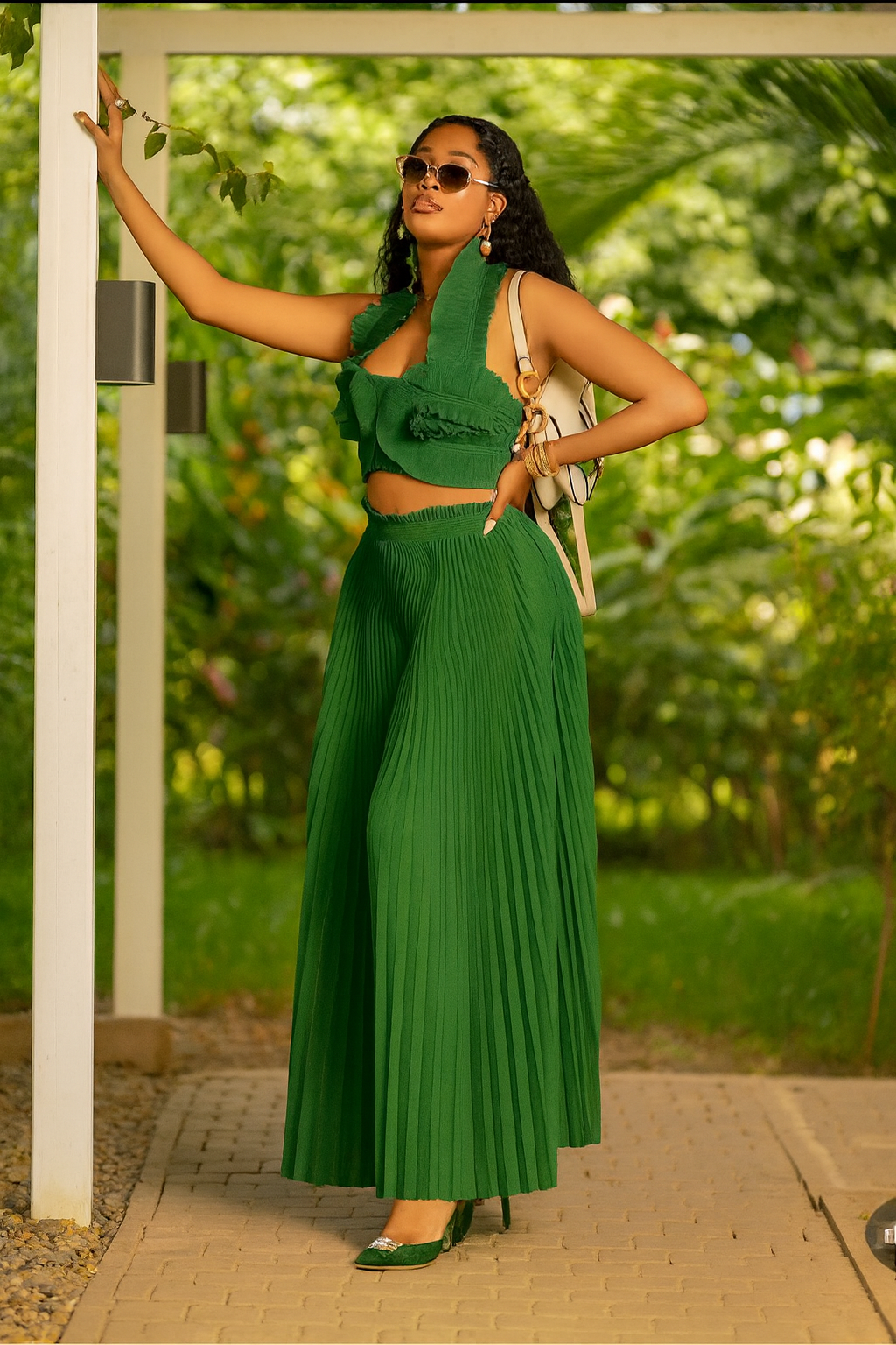 Vibrant Pleated Two-Piece Set with Ruffle Top