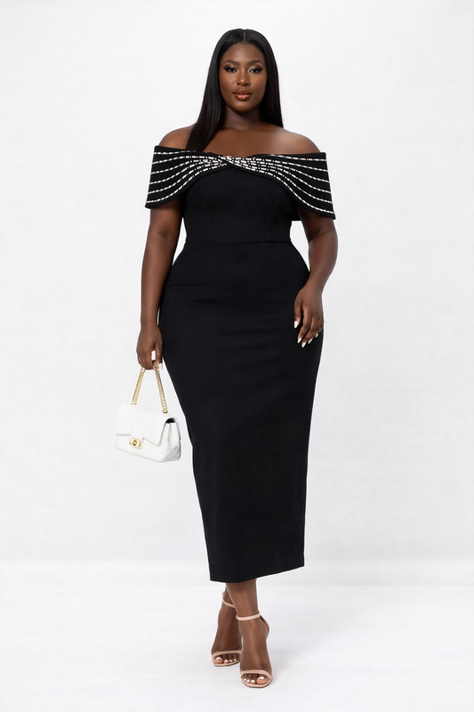 Midnight Luxe Off-Shoulder Crystal Trim Midi Dress - PRE ORDER