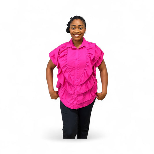 Cotton: Button Down Pink Shirt With Ruffles