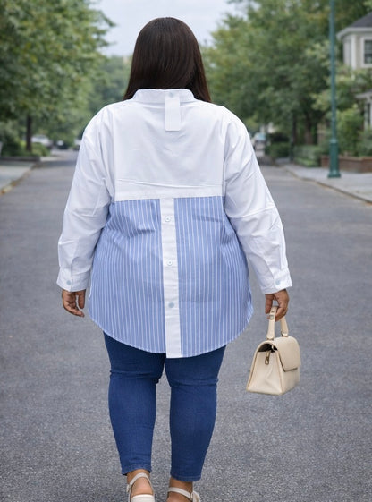 Cotton: Stripe and Plain White Mix Shirt