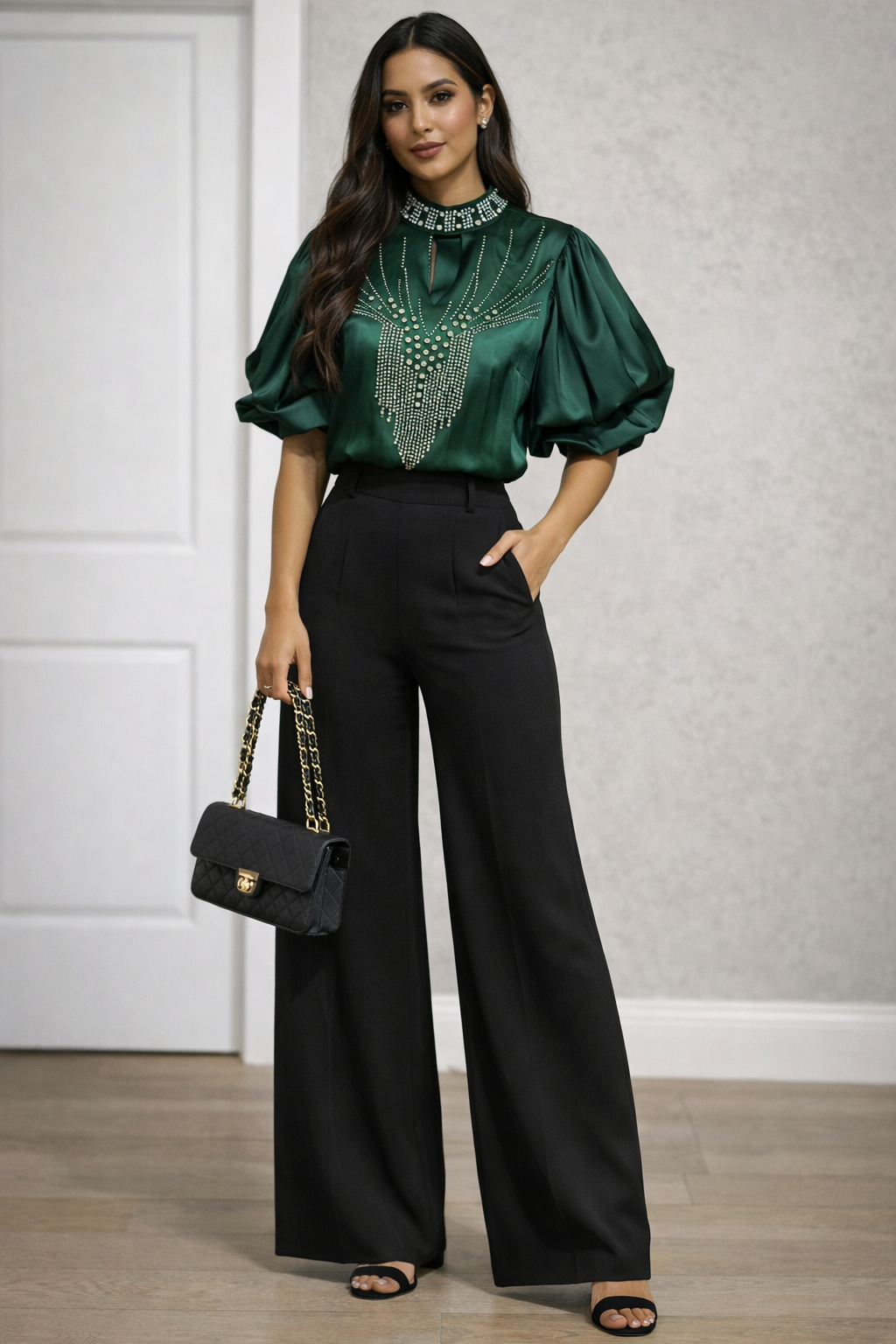 Elegant Rhinestone Embellished Blouse with Puff Sleeves – Green