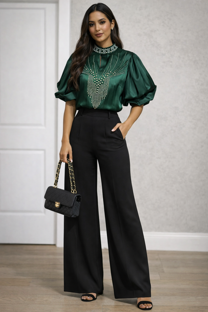 Elegant Rhinestone Embellished Blouse with Puff Sleeves – Green