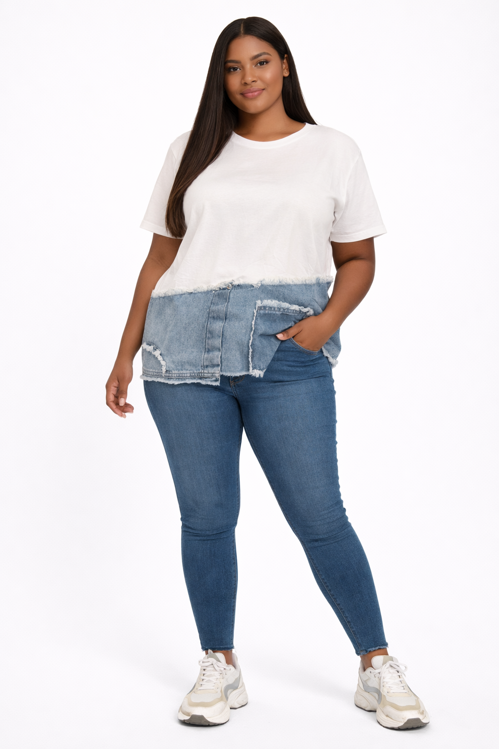 Denim Fusion Patchwork Tee – Modern Casual Collection