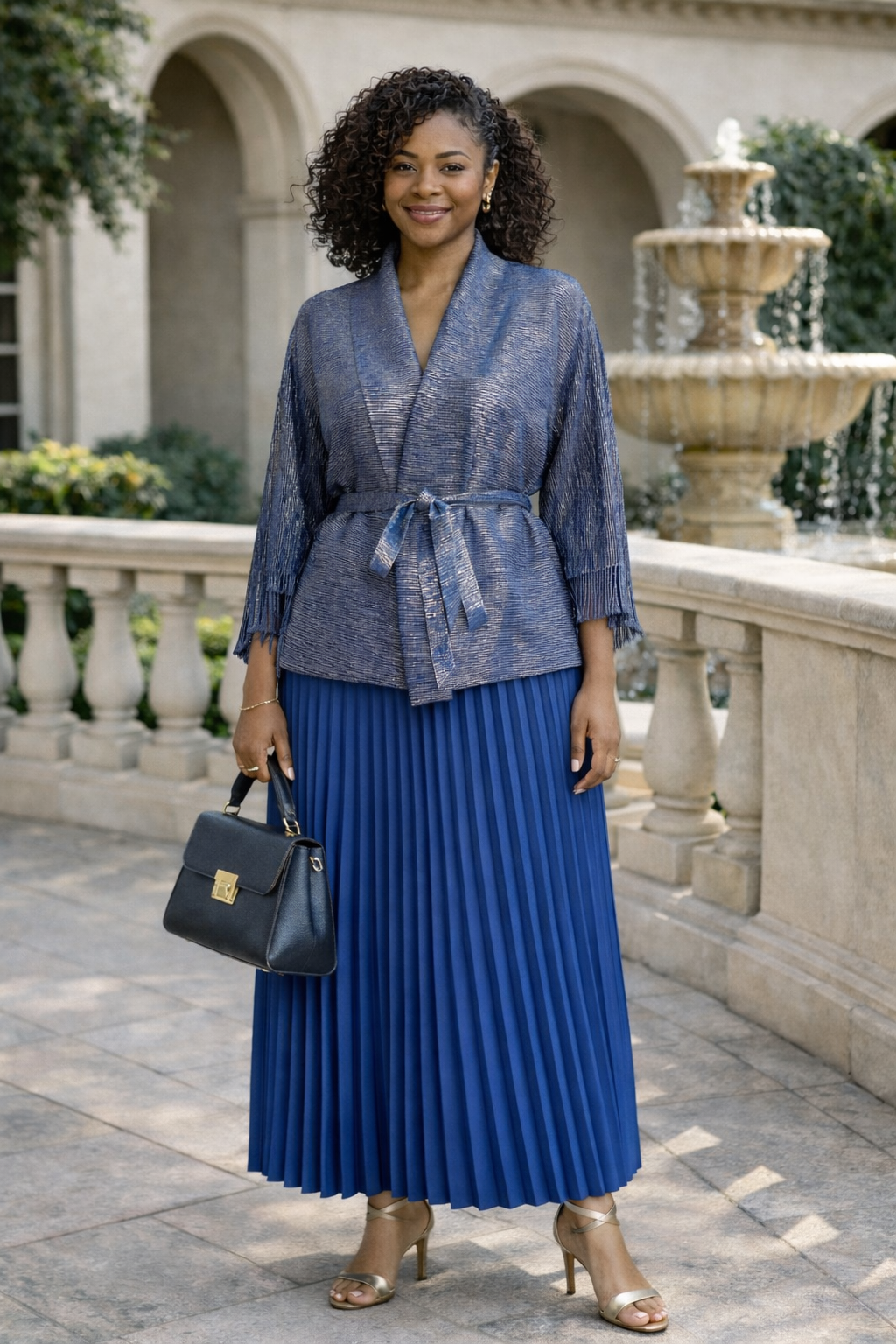 Elegant Blue Pleated Two-Piece Set with Fringe Cape Top