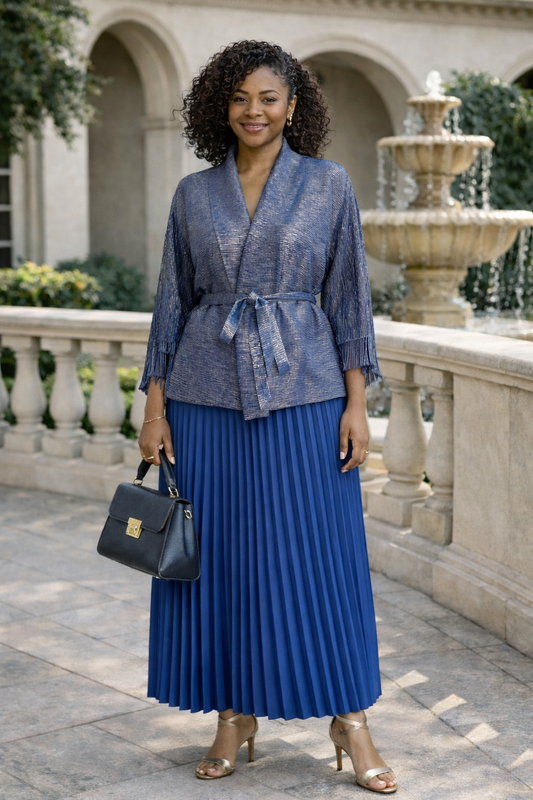 Elegant Blue Pleated Two-Piece Set with Fringe Cape Top