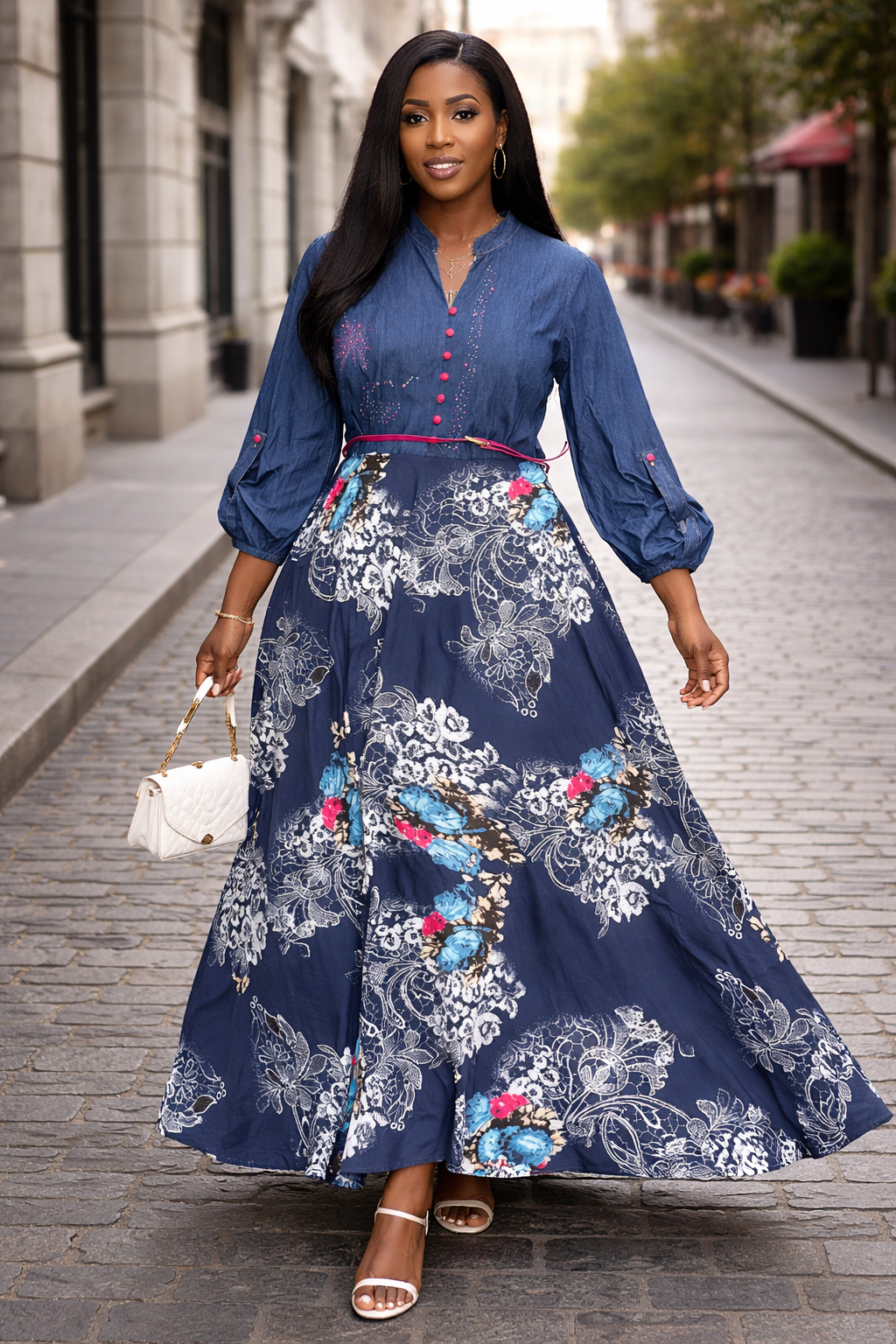 Blue Denim & Print Mix Luxe Button-Front Maxi Dress
