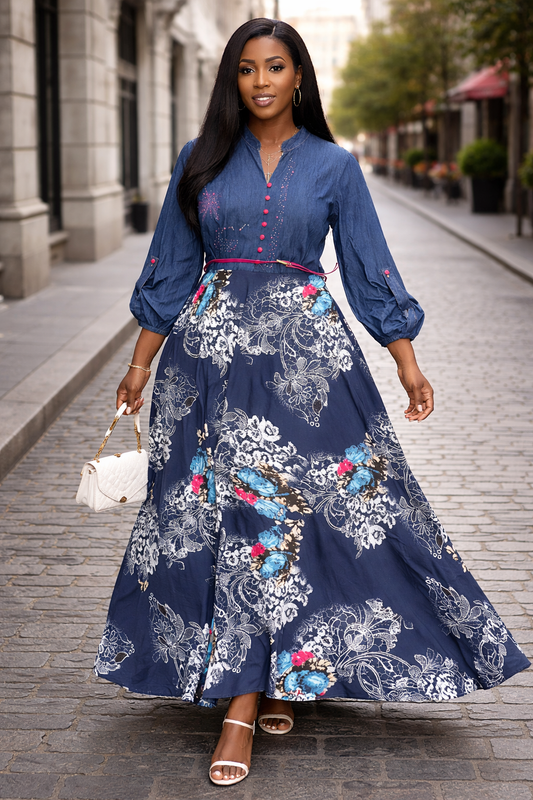 Blue Denim & Print Mix Luxe Button-Front Maxi Dress