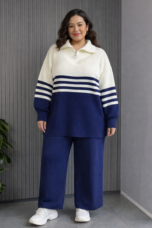 Blue Luxe Knit Two-Piece Lounge Set – Half-Zip Sweater & Wide-Leg Pants