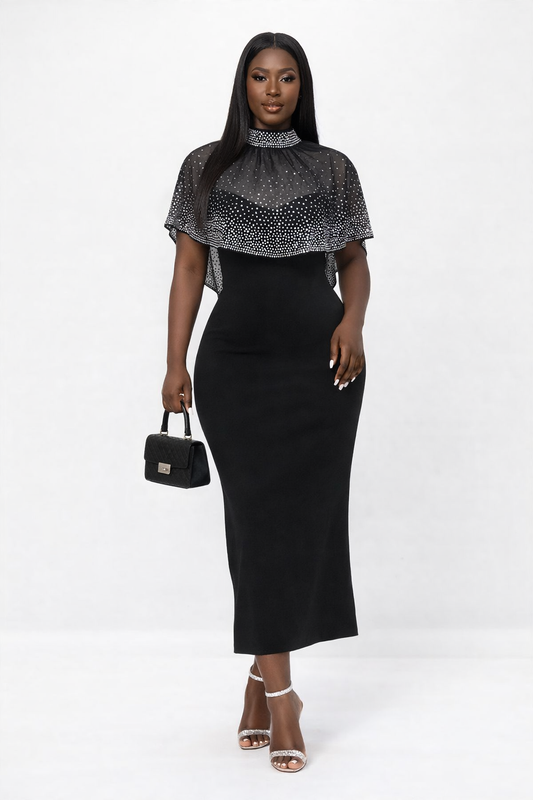 Midnight Crystal Sheer Cape Midi Dress - PRE ORDER