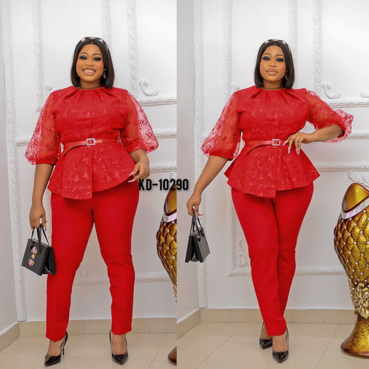 “Bold Red Top with Sleek Fitted Pants – Stylish Two-Piece Set”