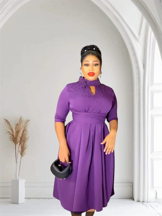 Purple Classy Dress With Infused Neck Beads