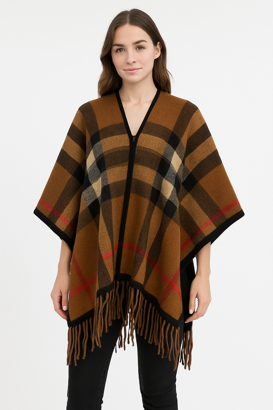 Cozy Checkered V-Neck Poncho with Fringe Hem