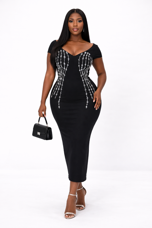 Midnight Crystal Contour Bodycon Midi Dress - PRE ORDER