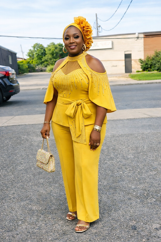 Elegant Cold-Shoulder Beaded Jumpsuit – Mustard Yellow