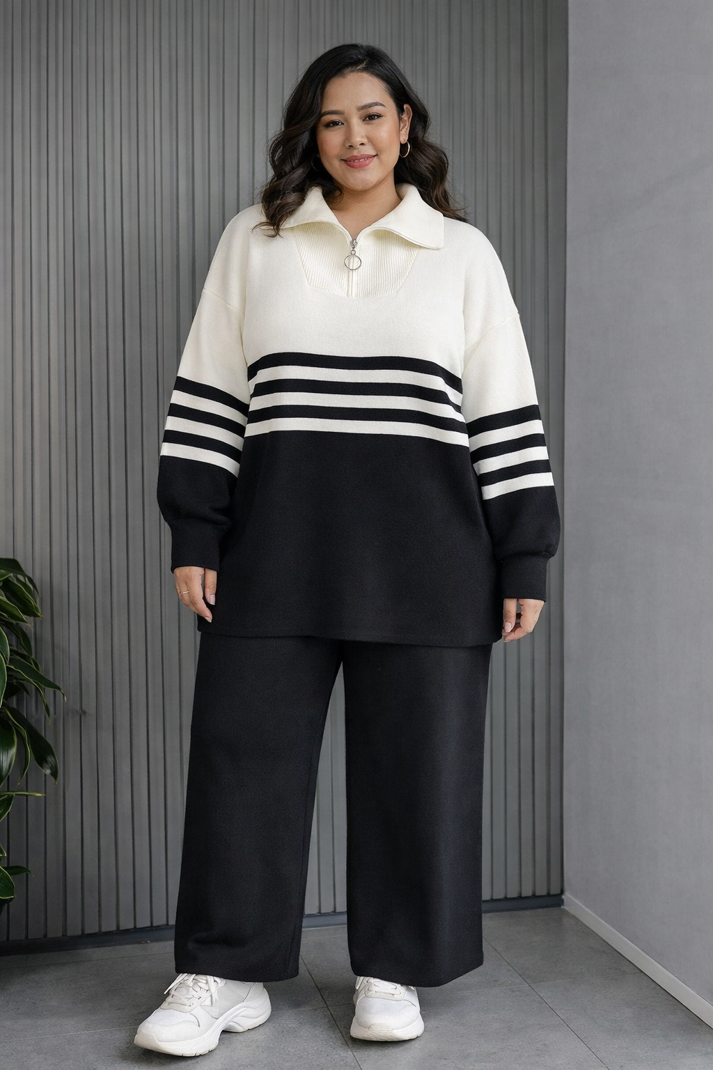 Black Luxe Knit Two-Piece Lounge Set – Half-Zip Sweater & Wide-Leg Pants