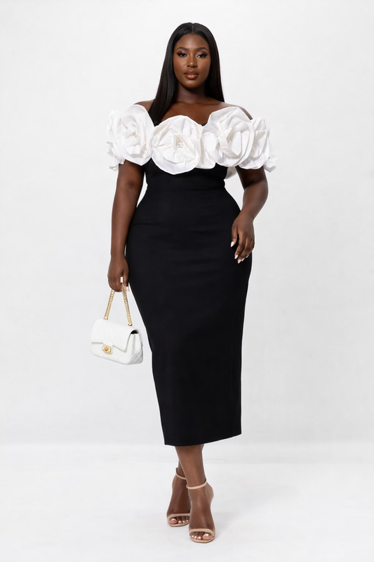Noir Blossom Off-Shoulder Floral Midi Dress - PRE ORDER