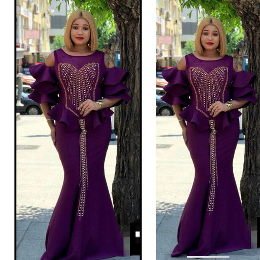 Purple Cold Shoulder Rhinestone Dress