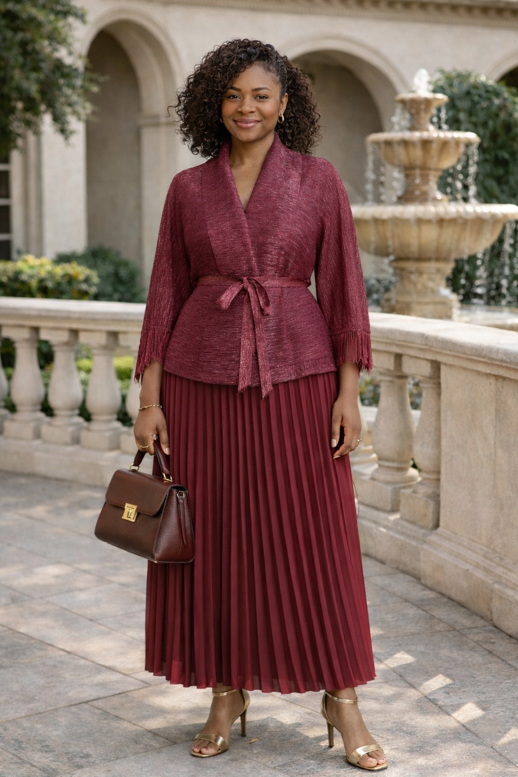 Elegant Burgundy Pleated Two-Piece Set with Fringe Cape Top
