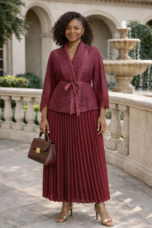 Elegant Burgundy Pleated Two-Piece Set with Fringe Cape Top