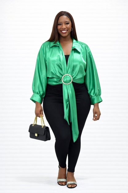 Elegant Green Satin Ring-Detail Blouse