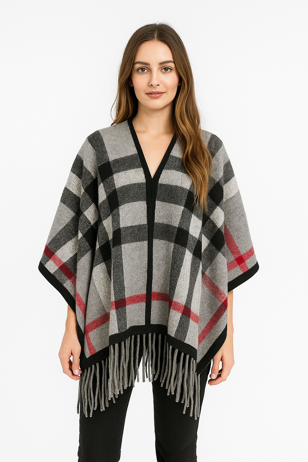 Cozy Checkered V-Neck Poncho with Fringe Hem
