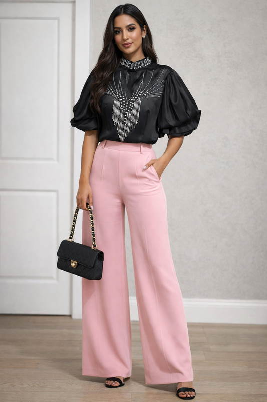 Elegant Rhinestone Embellished Blouse with Puff Sleeves – Black