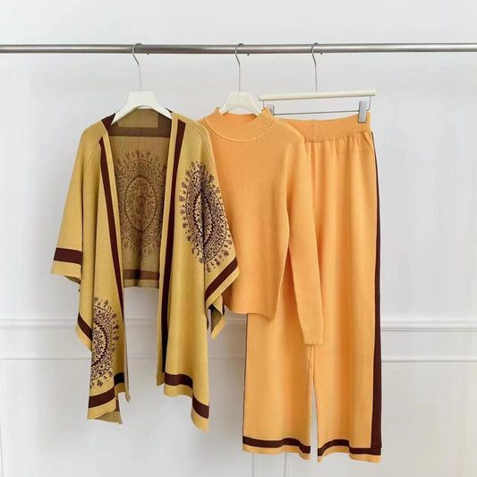 Luxury Knit Three-Piece Set (Cardigan + Top + Pants)