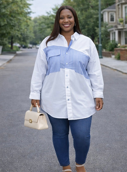 Cotton: Stripe and Plain White Mix Shirt