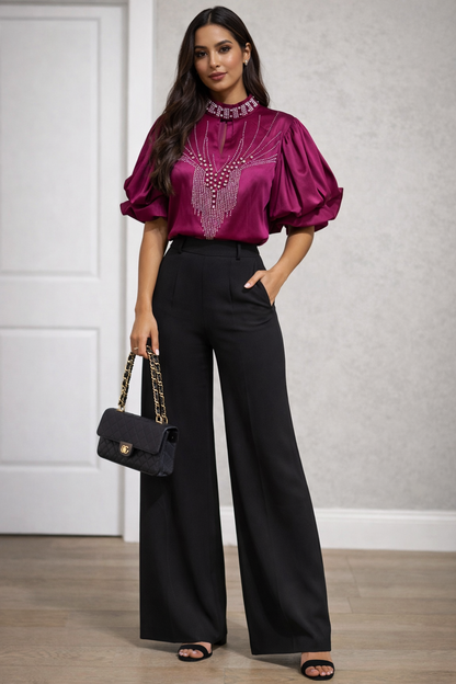 Elegant Rhinestone Embellished Blouse with Puff Sleeves – Pink